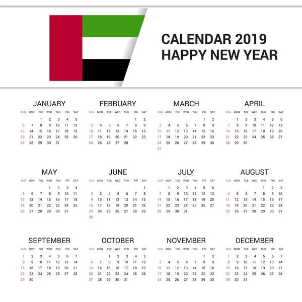 Calendario 2019 Emiratos Árabes Unidos Fondo Bandera Idioma Inglés — Vector de stock