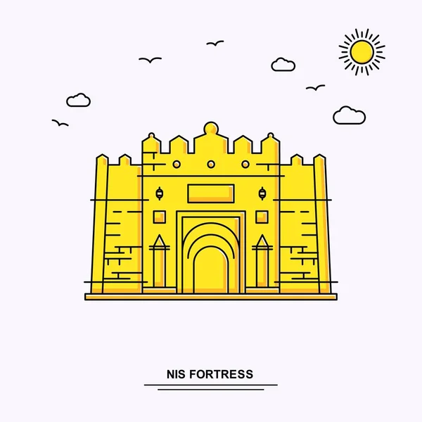 Nis Fortress Monument Poster Template Mondo Viaggio Giallo Illustrazione Sfondo — Vettoriale Stock