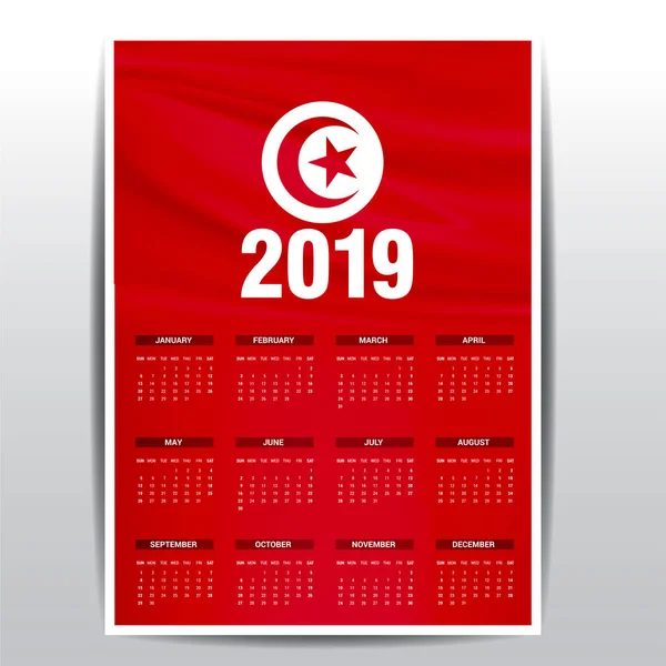 Calendario 2019 Túnez Fondo Bandera Idioma Inglés — Vector de stock
