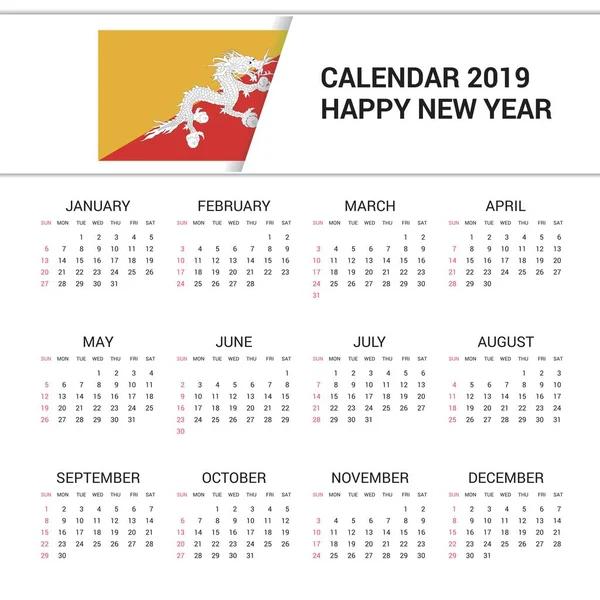 Calendario 2019 Bután Fondo Bandera Idioma Inglés — Vector de stock