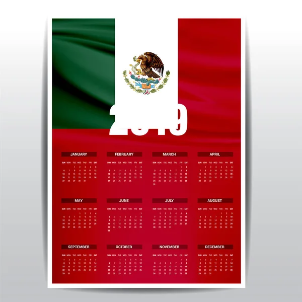 Calendar 2019 Mexico Flag Background English Language — Stock Vector