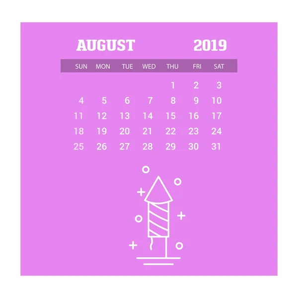2019 Happy New Year August Calendar Template Christmas Background — Stock Vector