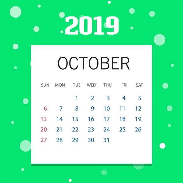 2019 Feliz Año Nuevo Octubre Calendario Plantilla Fondo Navidad — Vector de stock