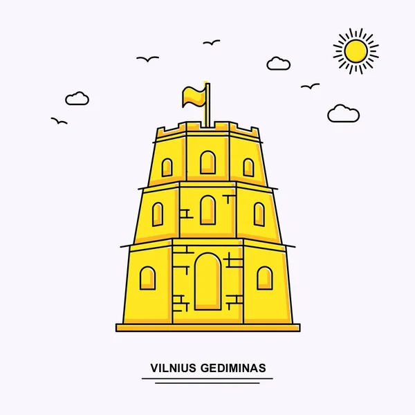 Plantilla Cartel Monumento Vilnius Gediminas Mundo Viaje Amarillo Ilustración Fondo — Vector de stock