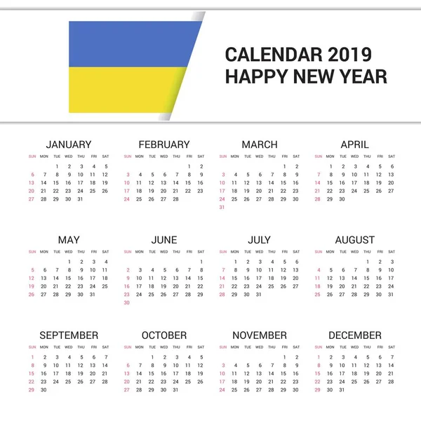 Calendario 2019 Ucraina Sfondo Della Bandiera Lingua Inglese — Vettoriale Stock