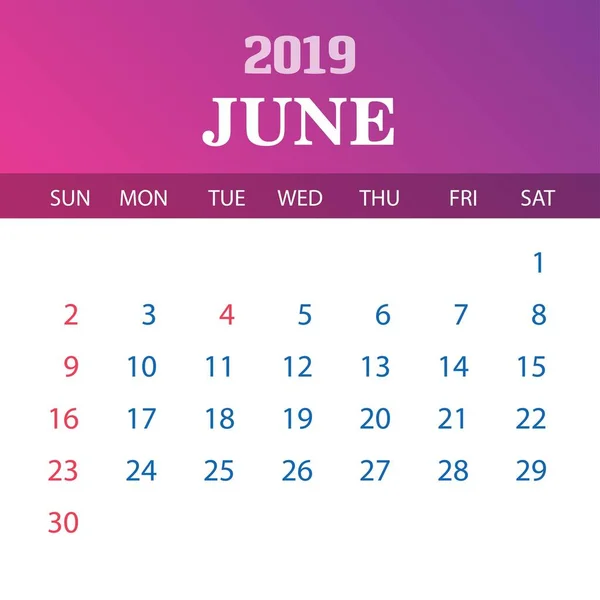 Plantilla Calendario 2019 Junio — Vector de stock