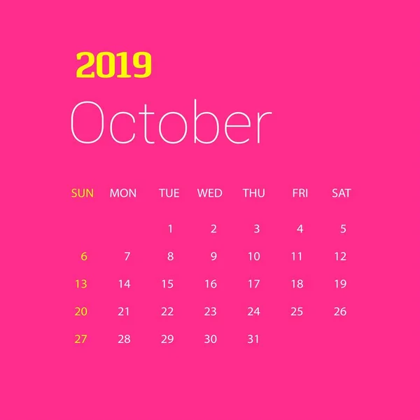 2019 Новым Годом Октябрь Шаблон Календаря Рождественский Фон — стоковый вектор
