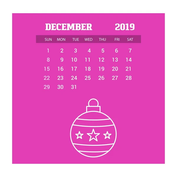 2019 Feliz Año Nuevo Diciembre Calendario Plantilla Fondo Navidad — Vector de stock