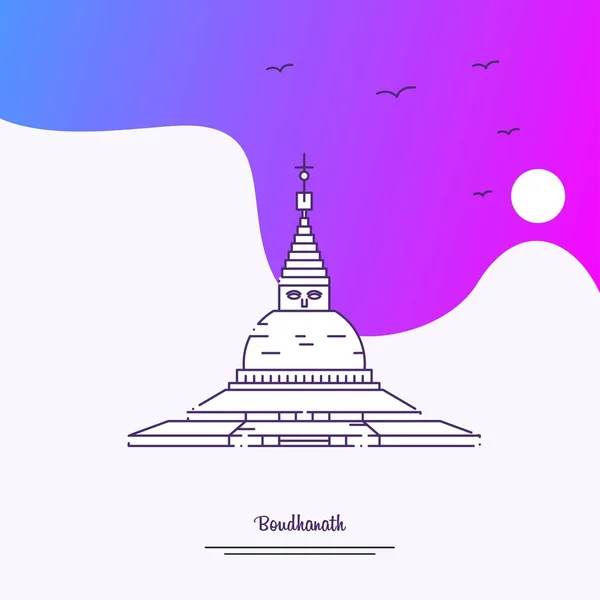 Plantilla Póster Viaje Boudhanath Fondo Creativo Púrpura — Archivo Imágenes Vectoriales