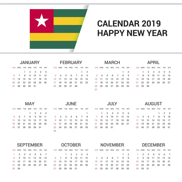 Calendario 2019 Togo Sfondo Bandiera Lingua Inglese — Vettoriale Stock