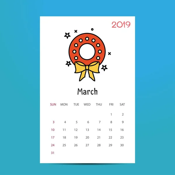 2019 Feliz Año Nuevo Marzo Calendario Plantilla Fondo Navidad — Vector de stock