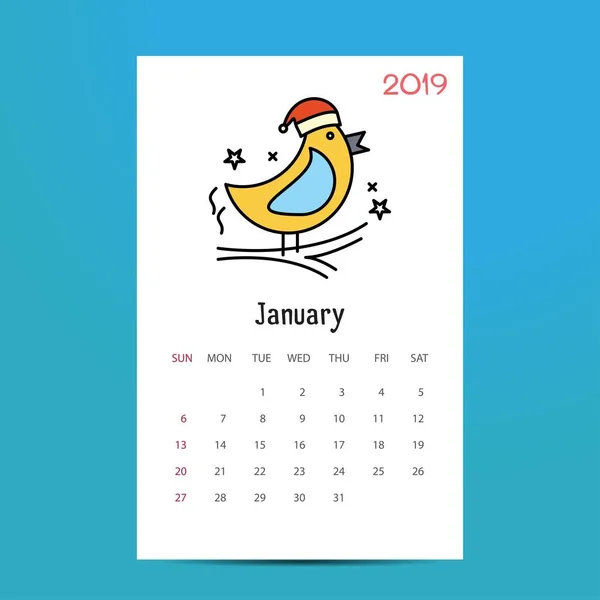 2019 Feliz Año Nuevo Enero Calendario Plantilla Fondo Navidad — Archivo Imágenes Vectoriales