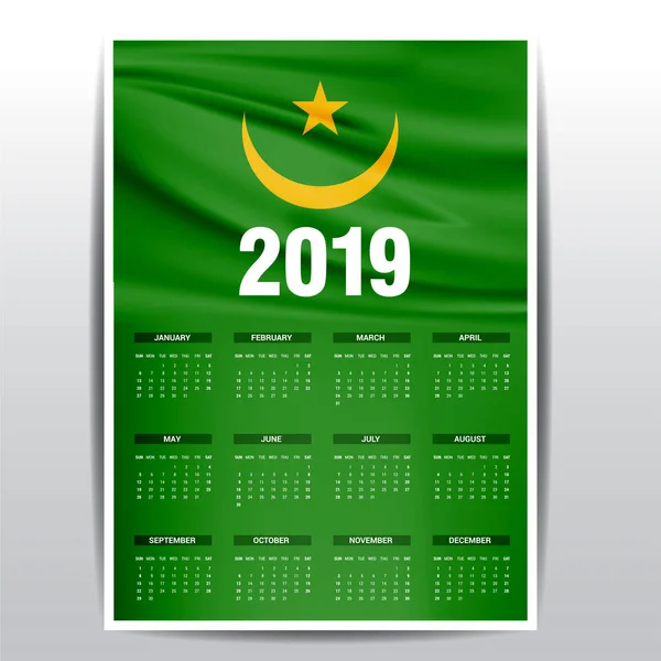 Calendario 2019 Mauritania Fondo Bandera Idioma Inglés — Archivo Imágenes Vectoriales
