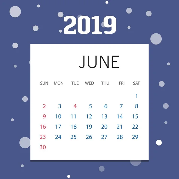 2019 Feliz Ano Novo Junho Calendário Modelo Fundo Natal — Vetor de Stock