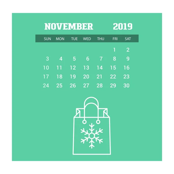 2019 Feliz Año Nuevo Noviembre Calendario Plantilla Fondo Navidad — Vector de stock