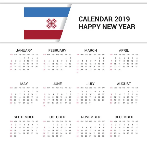Календарь 2019 Марий Английский Язык — стоковый вектор