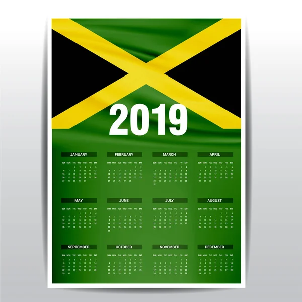 Kalender 2019 Jamaica Vlag Achtergrond Engelse Taal — Stockvector