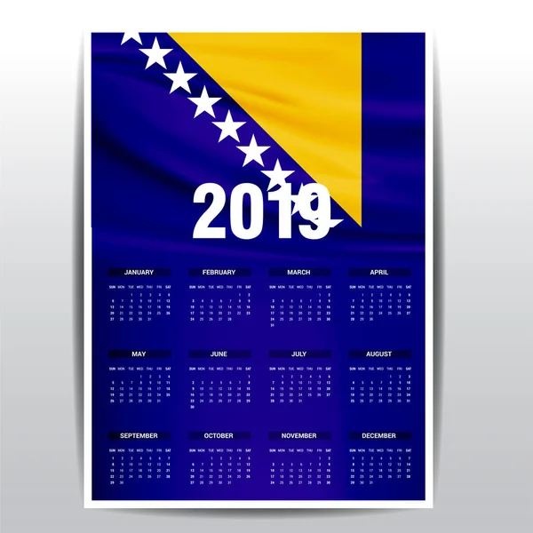 Calendario 2019 Bosnia Herzegovina Fondo Bandera Idioma Inglés — Vector de stock