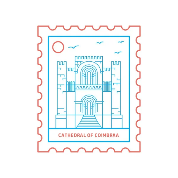 Catedral Coimbraa Sello Postal Azul Rojo Estilo Línea Ilustración Vectorial — Vector de stock