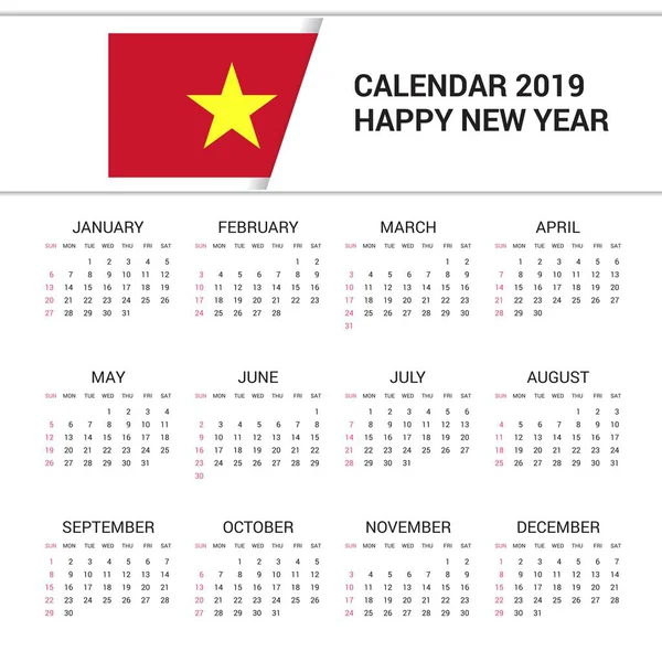 Calendario 2019 Vietnam Sfondo Della Bandiera Lingua Inglese — Vettoriale Stock