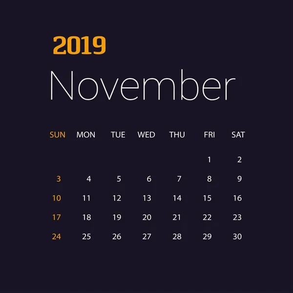 2019 Frohes Neues Jahr November Kalendervorlage Weihnachtlicher Hintergrund — Stockvektor