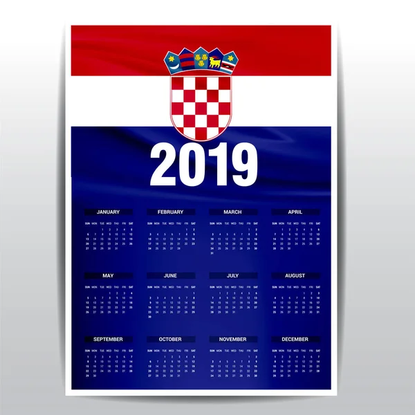 Kalendarzowy 2019 Chorwacja Flaga Tła Język Angielski — Wektor stockowy