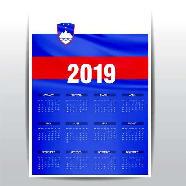 Calendario 2019 Eslovenia Fondo Bandera Idioma Inglés — Vector de stock