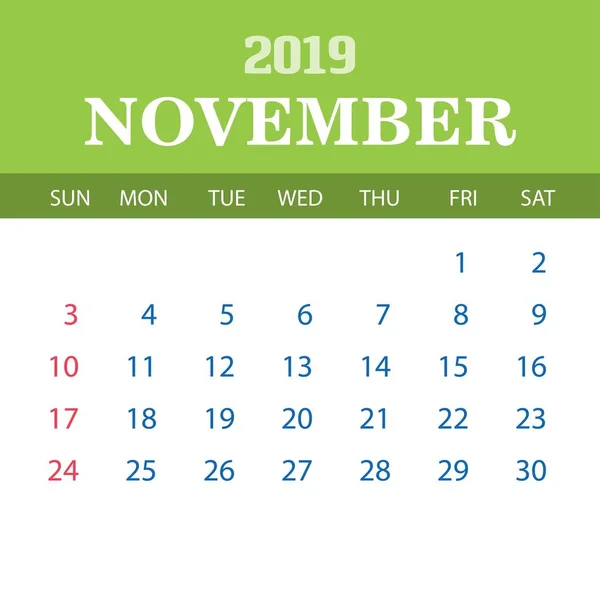 2019 Kalendersjabloon November — Stockvector