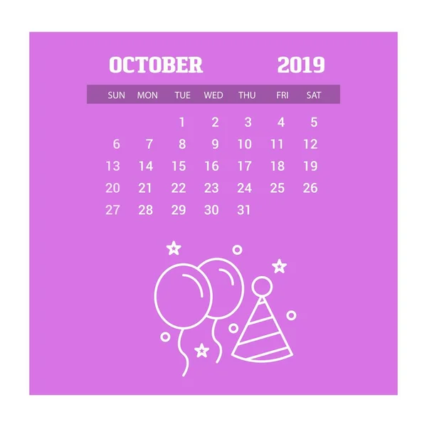 2019 Happy New Year October Calendar Template Christmas Background — Stock Vector