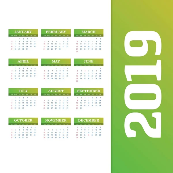 Modello Calendario 2019 Sfondo Vettoriale — Vettoriale Stock