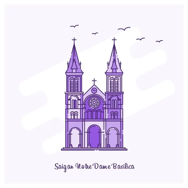 Ilustración Vector Saigan Notre Dame Basilica Señal Línea Puntos Púrpura — Vector de stock