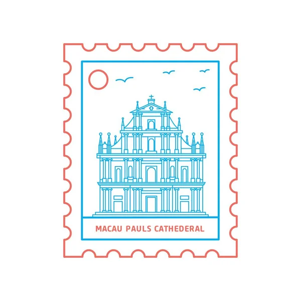 Macau Pauls Sello Postal Catederal Estilo Línea Azul Rojo Ilustración — Vector de stock