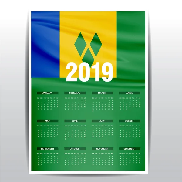 Calendario 2019 San Vicente Las Granadinas Fondo Bandera Idioma Inglés — Vector de stock