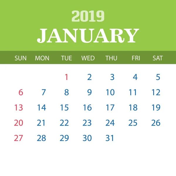 2019 Takvim Şablonu Ocak — Stok Vektör