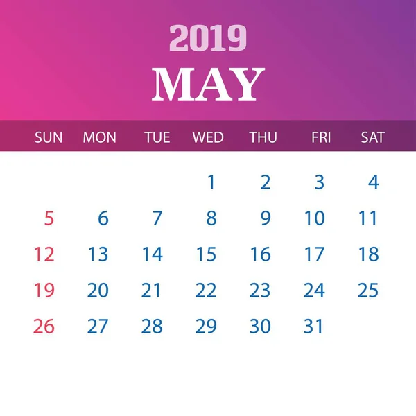 Plantilla Calendario 2019 Mayo — Vector de stock