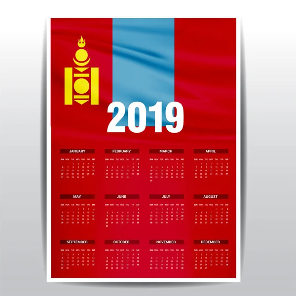 Calendario 2019 Mongolia Fondo Bandera Idioma Inglés — Archivo Imágenes Vectoriales
