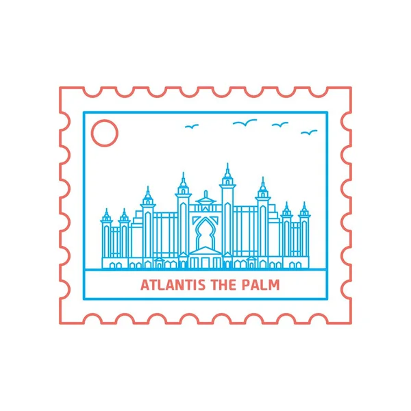 Atlantis Palm Postage Stamp Blue Red Line Style Vector Illustration — Stock Vector