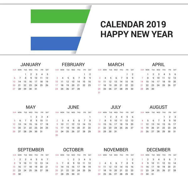 Calendario 2019 Sierra Leona Fondo Bandera Idioma Inglés — Vector de stock