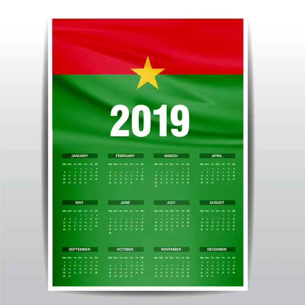 Calendario 2019 Burkina Faso Fondo Bandera Idioma Inglés — Vector de stock