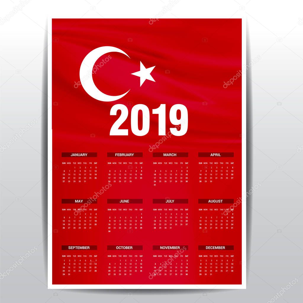 Calendar 2019 Turkey Flag background. English language