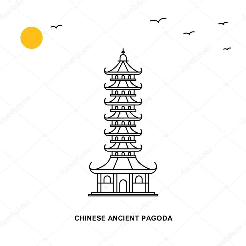 CHINESE ANCIENT PAGODA Monument. World Travel Natural illustration Background in Line Style