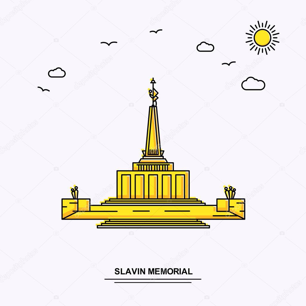 SLAVIN MEMORIAL Monument Poster Template. World Travel Yellow illustration Background in Line Style with beauture nature Scene