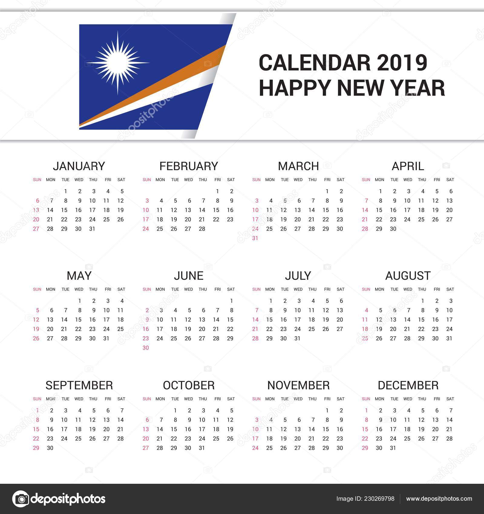 Calendar 2019 Marshall Islands Flag Background English Language Stock