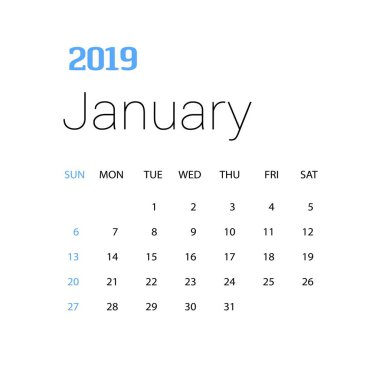 2019 mutlu yeni yıl Ocak takvim şablonu