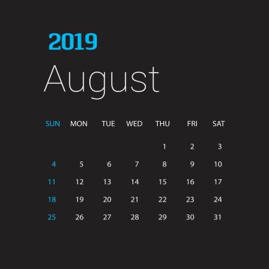 2019 mutlu yeni yıl Ağustos takvim şablonu. Noel arka plan