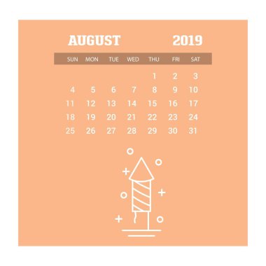 2019 mutlu yeni yıl Ağustos takvim şablonu. Noel arka plan