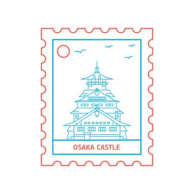Osaka Kalesi posta pulu mavi ve kırmızı çizgi stili, vektör çizim