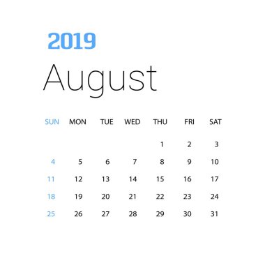 2019 mutlu yeni yıl Ağustos takvim şablonu. Noel arka plan