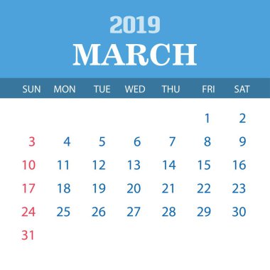 2019 takvim şablonu - Mart