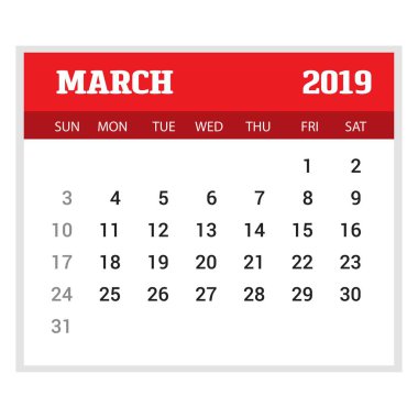 2019 mutlu yeni yıl Mart takvim şablonu. Noel arka plan